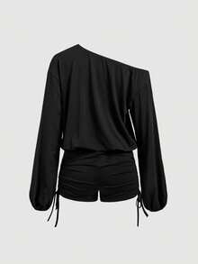 Skyraze Women's Solid Color Asymmetric Neckline Romper Beach Black Summer Casual Festa Junina 4th Of July Outfit Women Beach Outfit Going Out Vacation Country - Black - View 5