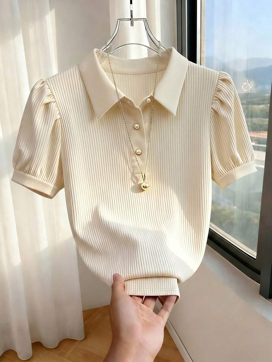 SHEIN Franclia 纯色优雅都市通勤风休闲浪漫女式T恤 - 杏色 - 查看 1