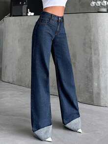 SHEIN Cottnline Women Plus Size High Waist Folded Hem Wide Leg Casual Denim Jeans Navy Blue Summer Formal Going Out - Dark Wash - View 4