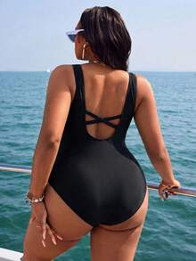 Slaydiva Plus Size One-Piece Swimsuit, Multi-Color Random Print, Simple Bohemian Style, Daily Summer Vacation Beachwear For Women - Black - View 2