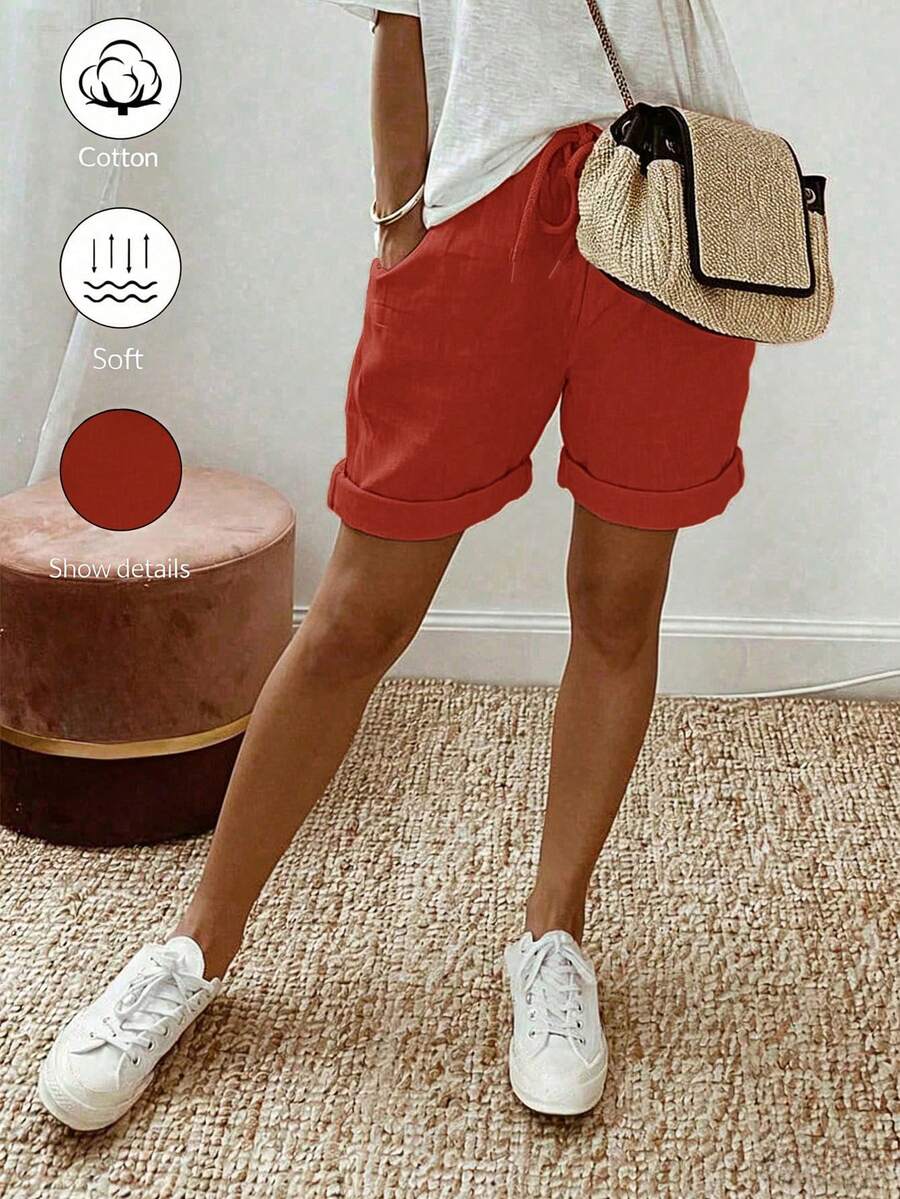 SHEIN Holidaya 女款夏季新款棉麻休閒抽繩捲邊短褲，採用棉麻紋理面料，搭配彈性腰抽繩設計與捲邊細節，展現隨興時尚感，適合日常出遊、度假或輕便休閒場合，是休閒抽繩短褲、卡其色優雅長褲與寬鬆顯瘦長褲類別中的百搭單品 - 橘紅 - 查看 1