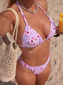Swim Vcay Spring/Summer 2-Piece Women's Beach Vacation Outfit Fashionable Cute Tropical Sexy Swim Pool Party Random Print Lavender Floral Halter Neck Bikini Set - Multicolor - View 3