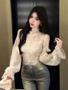 Joudiya Spring Summer Elegant Lace Patchwork Beige Women's Blouse - Beige - View 5