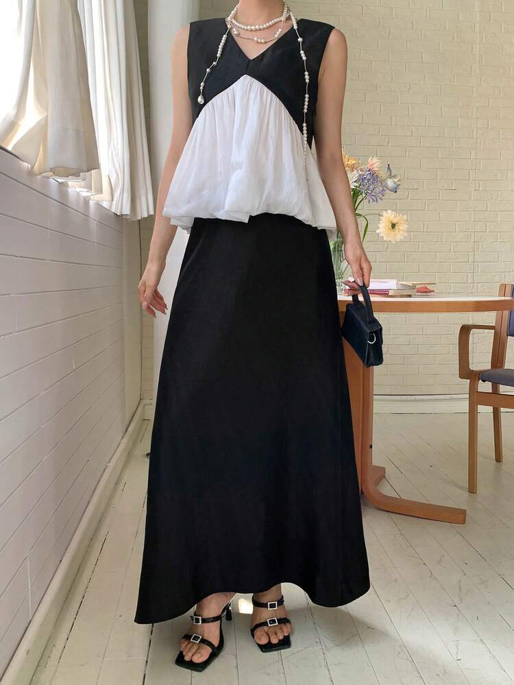 2pcs/Set Women's Elegant Vacation Summer Outfit, Colorblock Sleeveless Tank Top & Long Skirt