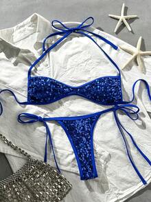 Costavie 2pcs Spring/Summer Beach Vacation Sequin Textured Fabric Halter Bandeau Top & Side Tie Thong Bikini Set - Royal Blue - View 6
