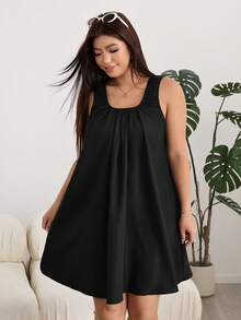 Solflare Plus Size Women's Solid Color Pleated Casual Vacation Sleeveless Dress Formal Vacation Black Summer - Black - View 3