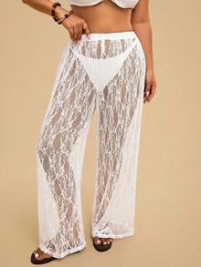 Travachic Pantalones de playa transparentes de encaje de unicolor para mujer talla grande, casual, vacaciones, atuendos de vacaciones para mujer, vacaciones, atuendos de vacaciones de verano, atuendos de vacaciones para mujer, vacaciones - Blanco - Ver 4
