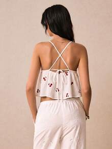 Poéselle 100%純棉櫻桃刺繡法式度假風女款背心上衣 - 白色 - 查看 2