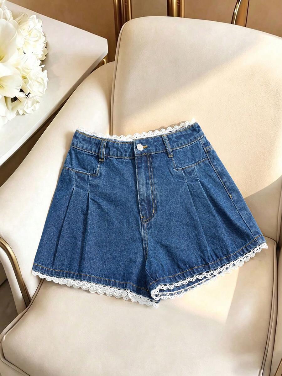 GlowEve Women's Summer Casual Colorblock Lace Trim Denim Shorts - Royal Blue - View 1