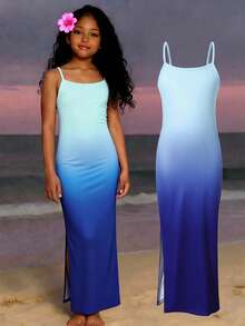 Summer Girls' Sleeveless Maxi Dress,Blackandred Tropical Vacation Colorful Fruit Print,Fitted Silhouette With Side Slit Hem,Perfect For Outings - Multicolor - View 1