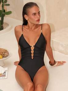 Swim Chiccia Elegant Sexy Solid Color Spaghetti Strap One Piece Swimsuit For Women - Black - View 3