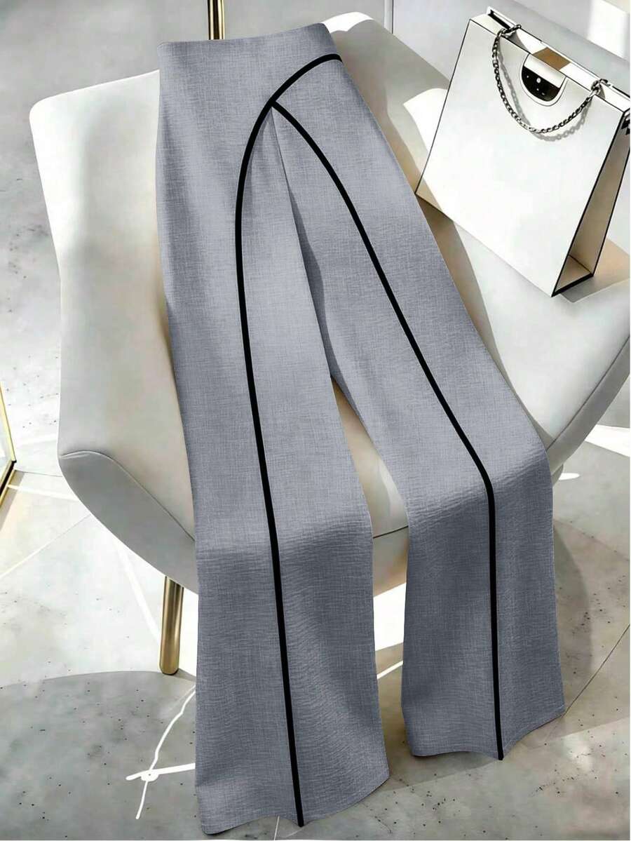 Elenzga Summer Women's Elegant Commute Daily European & American Style Overlap 2 In 1, Color Block Design Casual Versatile Long Pants - Grey - View 1