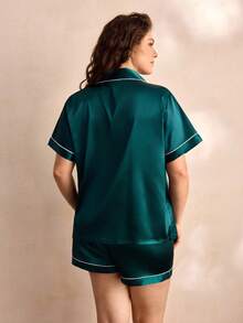 Charlaine Bộ đồ ngủ/Pjama bằng vải satin vá túi viền viền tương phản Plus - Màu xanh lá cây đậm - Xem 3