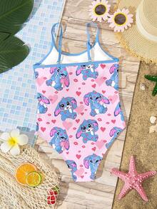Cute Pink Heart Lip Print Cartoon Blue Rabbit Lulu, Tween Girl Casual Simple Colorful Pattern Camisole One-Piece Swimsuit Suitable For Summer - Multicolor - View 2