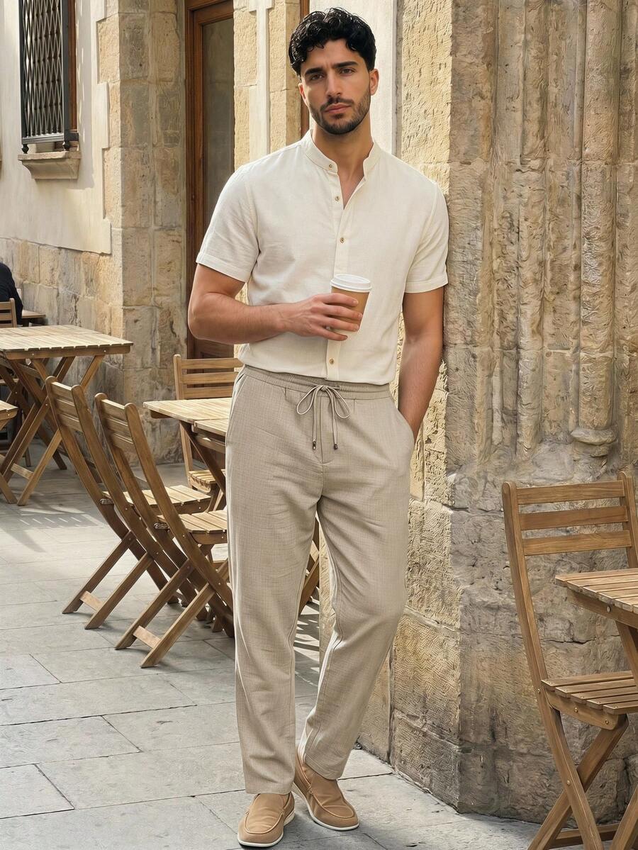 Manfinity VCAY 2pcs/Set Men's Casual Shirt & Pants Set, 2 Piece Matching Vacation Set, Cozy Outfits - Apricot - View 1