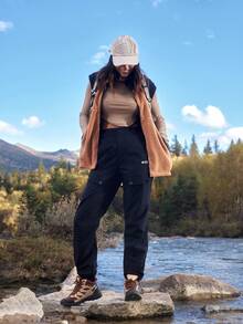 WanderVale Damen Einfarbige Hose mit Knopfleiste vorne, Taschen, Buchstabenprint, einfach, lässig, Outdoor, Sport - Schwarz - Übersicht 4