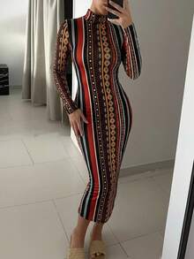 SHEIN SXY Geo & Striped Print Bodycon Dress - Multicolor - View 2