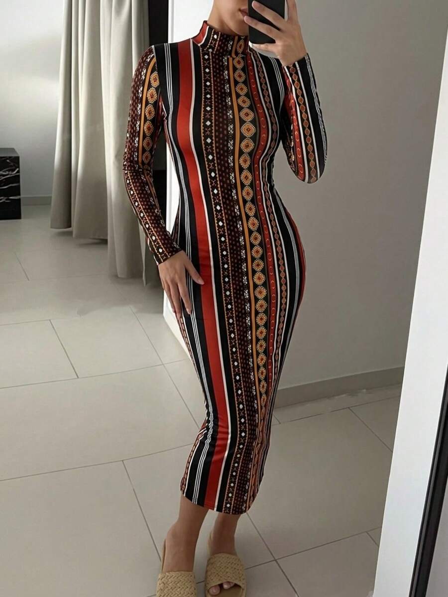 SHEIN SXY Geo & Striped Print Bodycon Dress