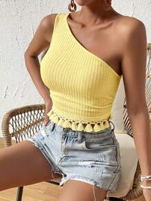 SHEIN VCAY 女款度假休閒純色單肩流蘇下擺上衣 - 鵝黃色 - 查看 5