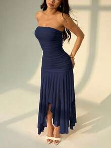 SHEIN PETITE Women's Asymmetrical Hem Ruffle Strapless Dress, Suitable For Dates And Wedding Season,Summer Dresses For Women - Navy Blue - View 7