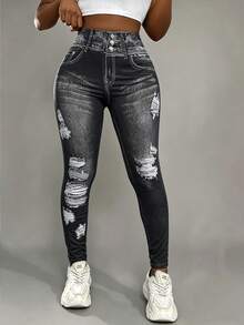 INAWLY Women's Athletic Black Denim Effect Leggings, Suitable For Running Fall Cloth For Women - Black - View 1