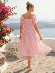 Loomaby Vestido elegante de maternidad con cuello cuadrado, decoración de flor 3D y manga corta - Rosa - Ver 3
