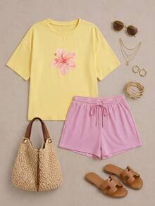 Elaquor 大码印花T恤和条纹短裤两件套，休闲假日装扮 - 彩色 - 查看 1