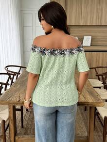 Weeklong Women's Plus Size Spring/Summer Casual Off-Shoulder Contrast Color Ruffle Trim Textured Knit Fabric T-Shirt - Mint Green - View 2