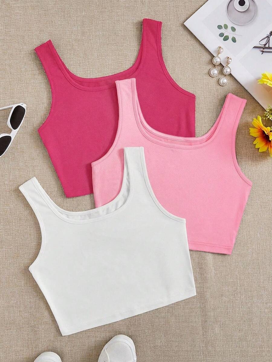 SHEIN EZwear 女款 3件組 粉色 & 白色 超短版貼身休閒背心,適合夏季 - 彩色 - 查看 1