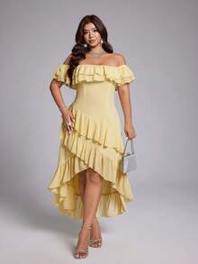 Viva Relle Butter Yellow Off-Shoulder Ruffle Dress, Multi-Layered Flounce Waist-Defining High-Low Asymmetrical Dress Vacation Summer Elegant - Yellow - View 1