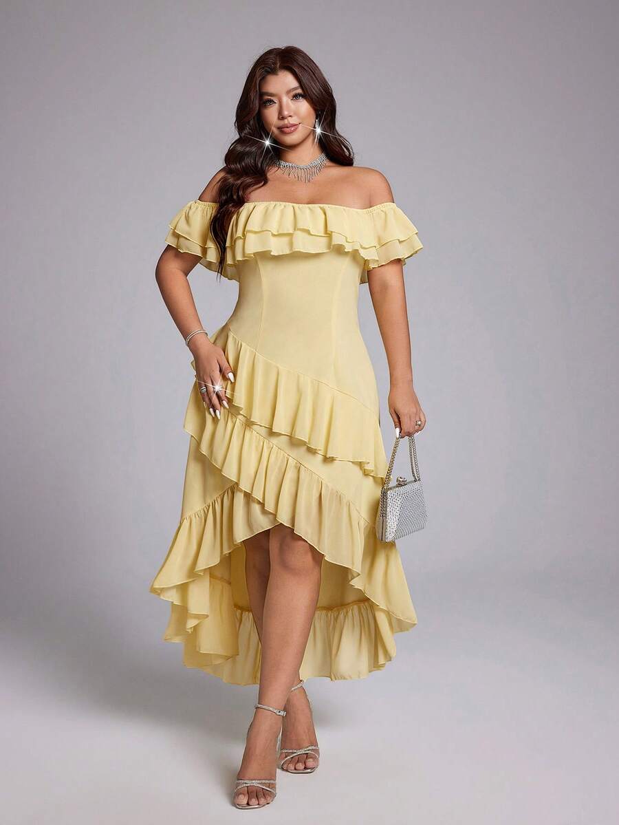 Viva Relle Butter Yellow Off-Shoulder Ruffle Dress, Multi-Layered Flounce Waist-Defining High-Low Asymmetrical Dress Vacation Summer Elegant - Yellow - View 1