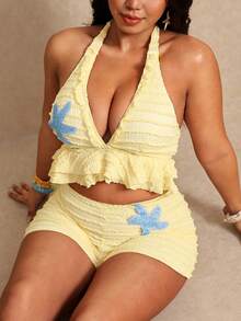 Elaquor Plus Size Women's Summer Beach 3D Starfish Pattern Decor Deep V-Neck Backless Ruched Top And Shorts Tankini Set - Light Yellow - View 7