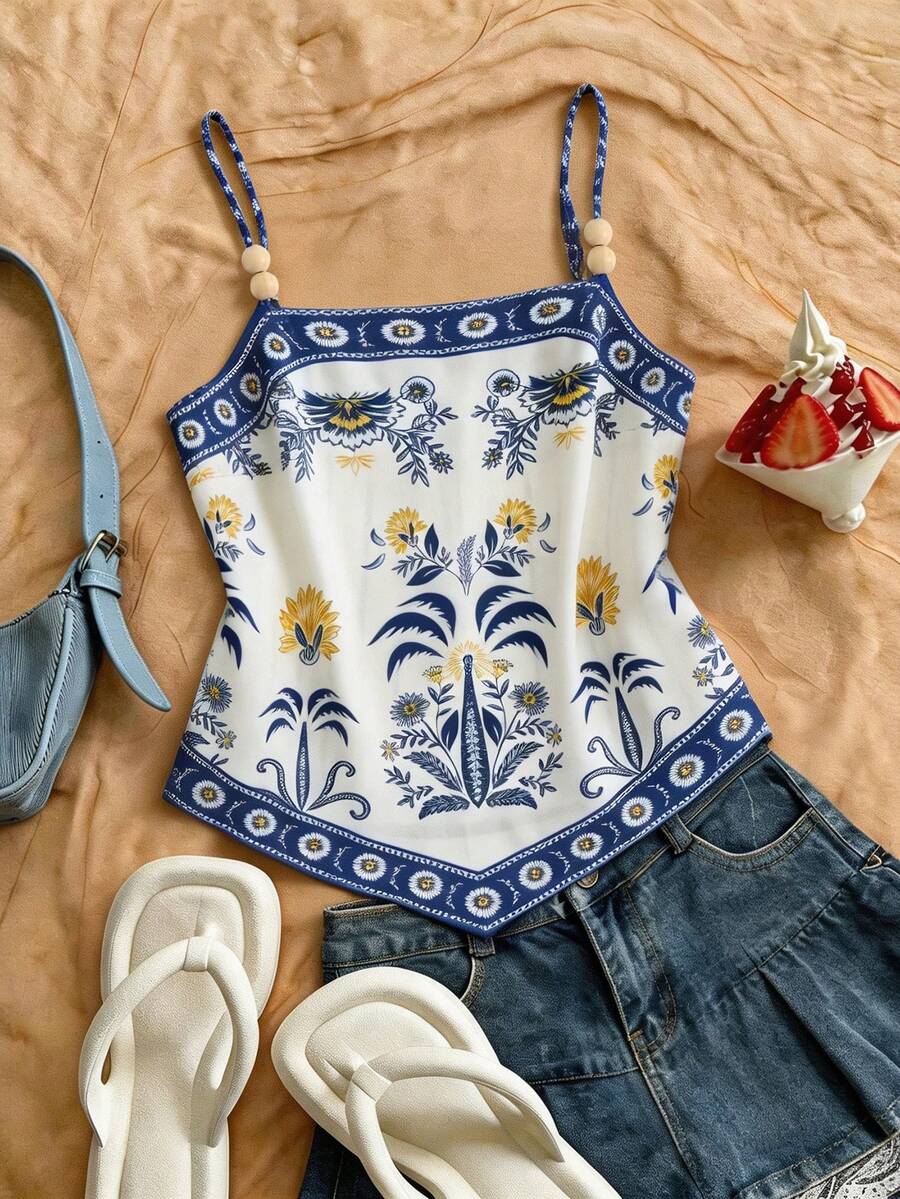 Franclia Women's Plus Size Elegant Boho Tank Top Camisole Parrot Print Small Animal Print Tropical Print Vacation Print Floral Print Clothing Beach Vacation - Blue - View 1