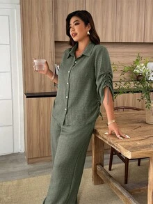 Weeklong Camisa minimalista de talla grande para mujer con manga de cordón y lazo para primavera/verano, estilo commuter - Verde militar - Ver 5