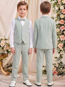 SHEIN 3件組兒童青少年男孩春夏秋冬適用 學院風可愛休閒綠色西裝外套馬甲休閒長褲紳士套裝 適合生日派對、正式褲裝套裝、晚宴、表演、婚禮 - 薄荷綠 - 查看 5