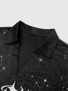 ROMWE MEN Street Life Kemeja Polo Lengan Pendek Pria Motif Cetak Mengkilap, Kasual, Serbaguna, untuk Perjalanan Sehari-hari - Hitam - View 3