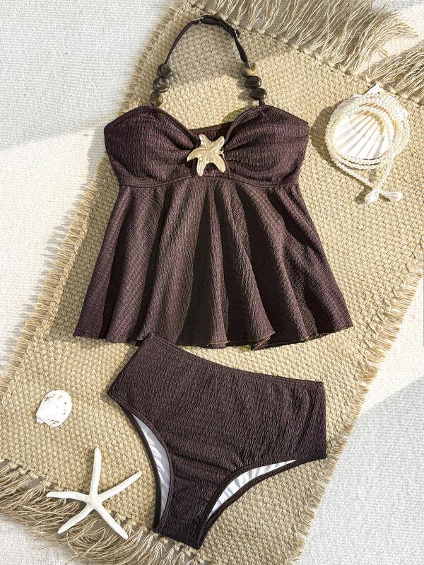 SHEIN Bộ đồ bơi hai mảnh cho bé gái tuổi teen, áo tankini cổ yếm thắt dây trang trí kim loại màu trơn và quần tam giác, phù hợp cho kỳ nghỉ hè đi biển