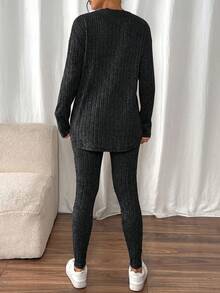 SHEIN Frenchy Setelan Santai Dua Potong Bahan Tekstur Dua Potong, Kaos Rajut Bergaris Bahu Jatuh, Warna Abu-abu Gelap, Gaya Musim Gugur Kasual - Dark Grey - View 2