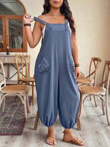 EMERY ROSE Plus Size Women's Early Spring Simple Elegant Textured Fabric Loose Fit Cuffed Jumpsuit Overalls - Blue - View 5