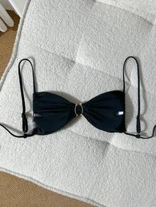 Swim Chiccia Women Solid Color Spaghetti Strap Wireless Beach Wear Swimwear Top For Summer Beach Vacation - Black - View 2