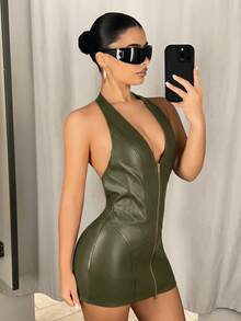 SHEIN ICON 深V掛脖雙拉鍊貼身緊身PU迷你洋裝 - 軍綠色 - 查看 5