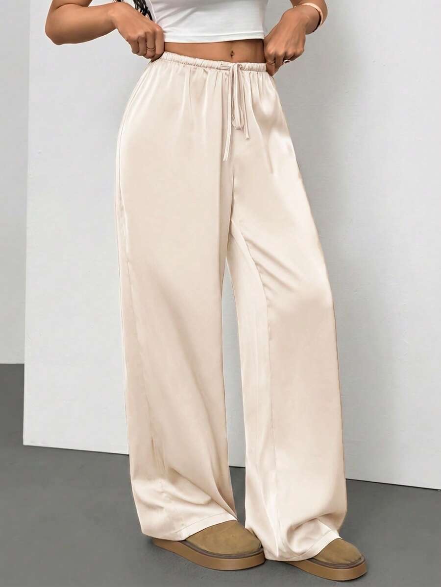 SHEIN Tall 女款低腰休閒復古緞面百搭棕色梅納色長裙,適合高個女性 - 米色 - 查看 1