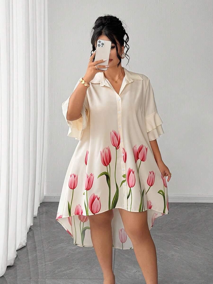 Elenzga 大尺碼女款鬱金香印花襯衫洋裝,寬鬆休閒優雅開襟式荷葉袖短袖飄逸A字中長版顯瘦上衣,適合夏季 - 杏色 - 查看 1