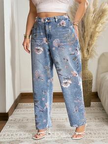 SHEIN Holidaya Plus Size Women's Floral Pattern Patch Pocket Casual Traditional Loose Fit Jeans Brunch Formal Blue And White Summer - Blue - View 4