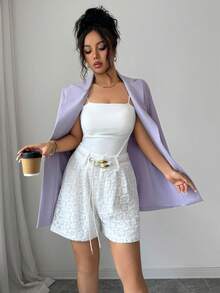 SHEIN Clasi High-Waisted Design Solid Color Hollow Out European And American Style 3D Floral Applique Casual French Elegant Shorts Vacation White Summer Brunch - White - View 4