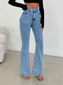 SHEIN Cottnline بنطلون جينز نسائي كاجوال عادي خصر عالي مطاطي مقاس كبير بقصة واسعة من الأسفل لون أزرق فاتح للصيف - أزرق فاتح - مشاهدة 11