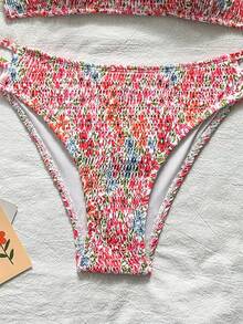 Swim Mod 女款兩件式比基尼套裝，熱帶白色可愛印花，平口上衣配後背細肩帶，側邊細肩帶泳褲，海灘度假情人節款 - 彩色 - 查看 4