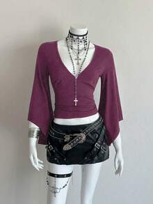 EgrlEra Deep V-Neck Sexy Mid-Length Sleeve Fitted T-Shirt - Red Violet - View 6