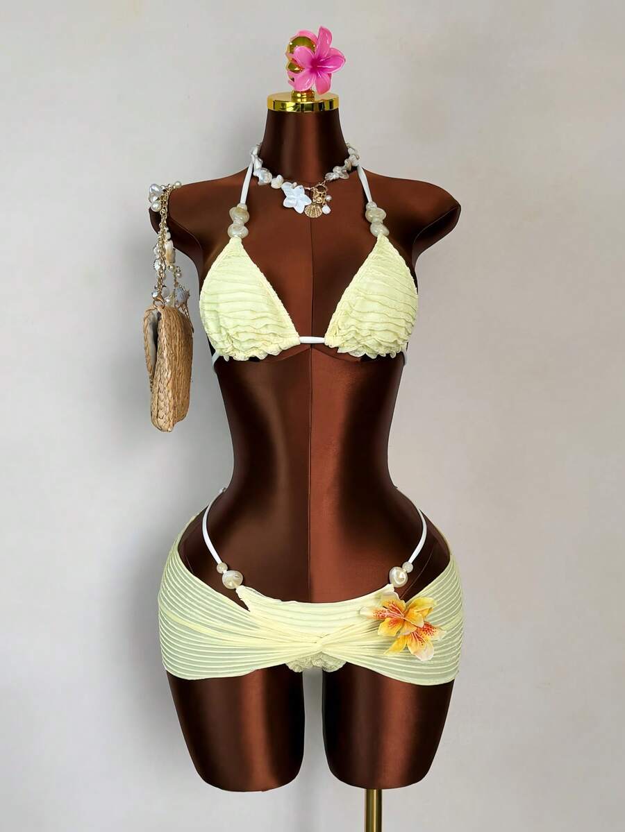 Zestiva Women's Bikini Set White Summer Casual Sexy Beach Golf Vacation Holiday Striped Fabric With Beads Floral Tropical Sweet Fashionable Swimming Suit - Yellow - View 1