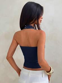 Aloruh Women's Summer Vacation Solid Color Halter Neck Sleeveless Top - Navy Blue - View 2